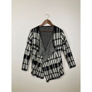 Slonl Plaid Waterfall Cardigan Black White Grey Open Front Long Sleeve Women
